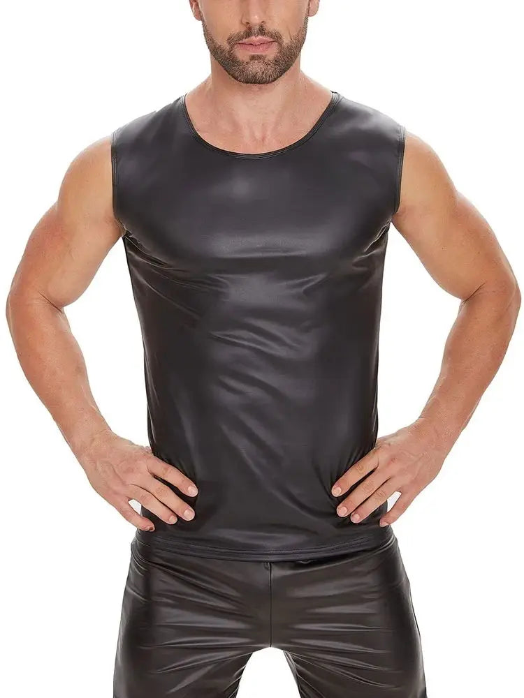S-5XL Sleeveless Matt Faux PU Leather Tank Top Men Fitness Gym Muscle Shirt Tight Bodybuilding Tanktop Hot Body Shaper Shapewear