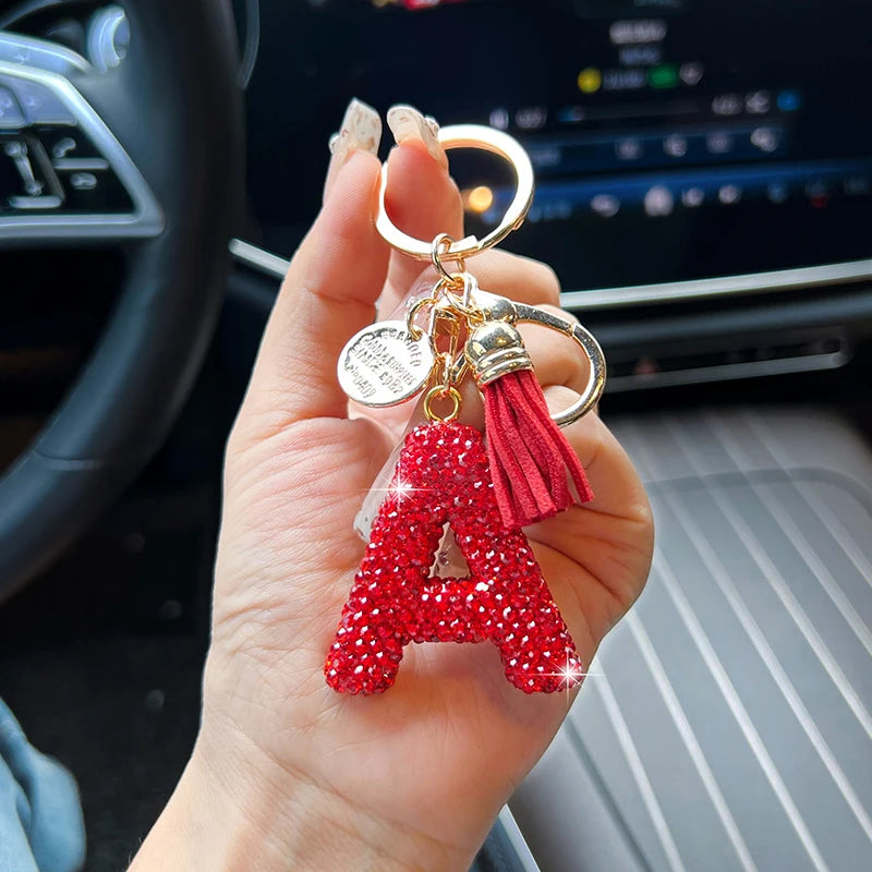 Red English letter car keychain, delicate with diamond bag, pendant, fashionable tassel key chain accessory