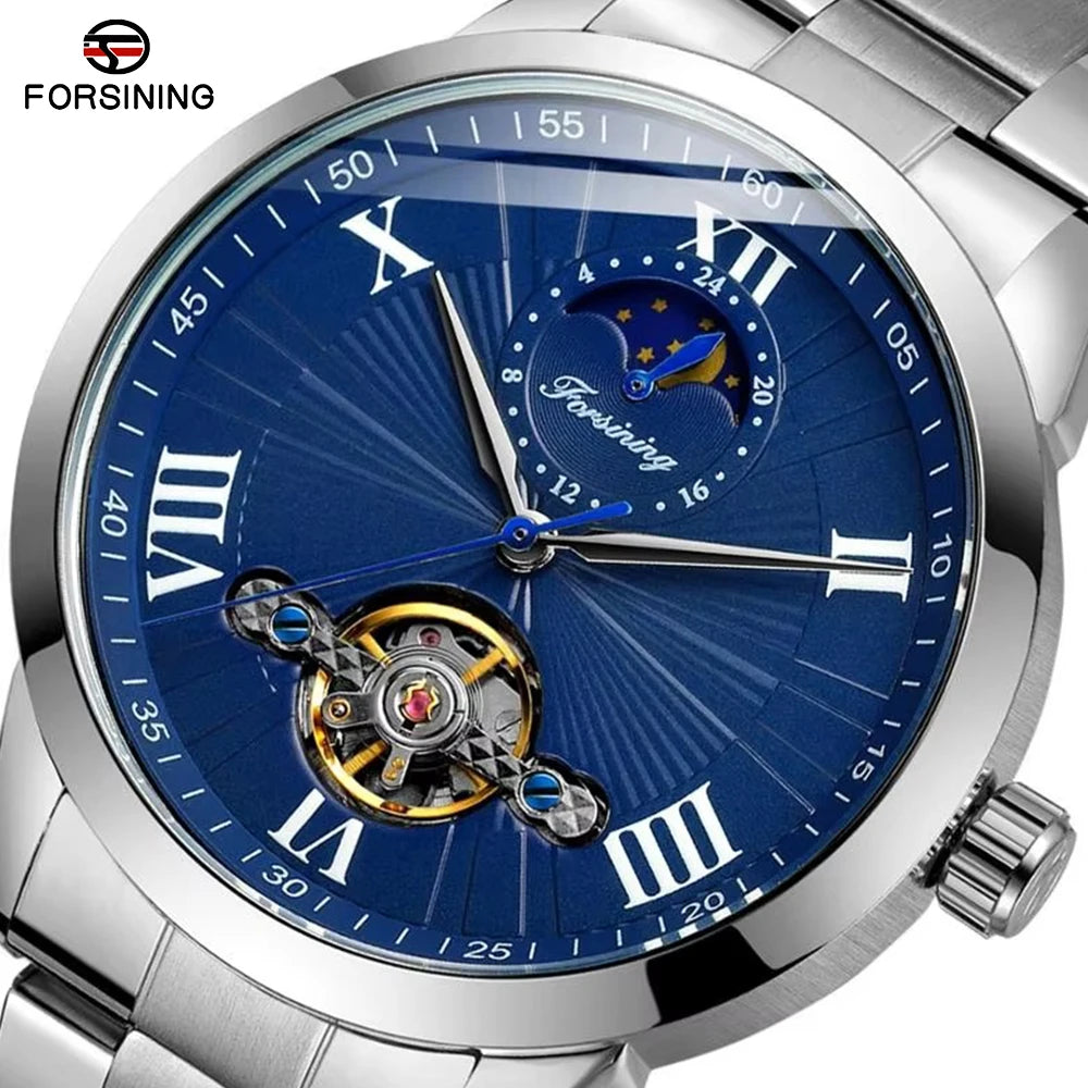Forsining Men's Automatic Tourbillon Moon Phase Mechanical Watch Stainless Steel 3ATM Waterproof Luxury Design Business Style