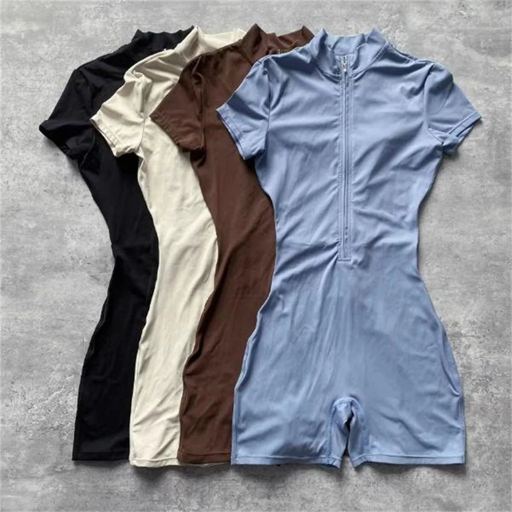 Summer Short Sleeve Zipper Jumpsuit Sports Wear Gym Fitness Sports Bodysuits Women Running Fashion Workout Clothes Yoga Clothing