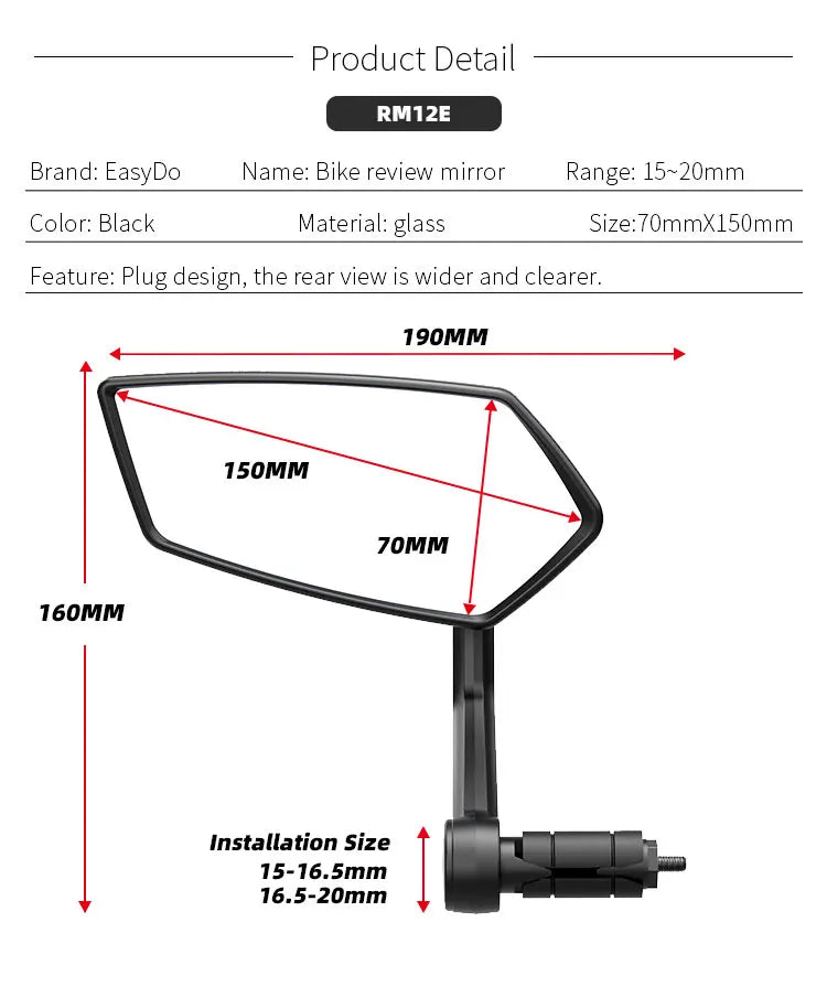 EASYDO Bicycle Mirror Universal WideRange 360° Adjustable Rearview Mirror Electric Scooter Convex Glass Durable Bike Accessories