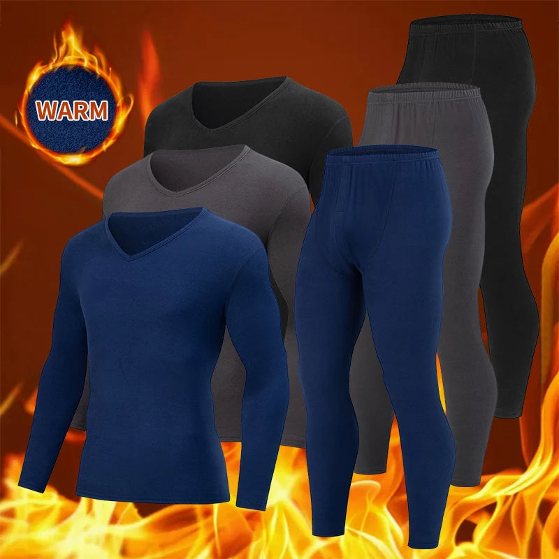 2-piece Men's Autumn And Winter Solid Color Casual V-neck Basic Warm Underwear Set Comfortable Sports And Fitness Base Shirt