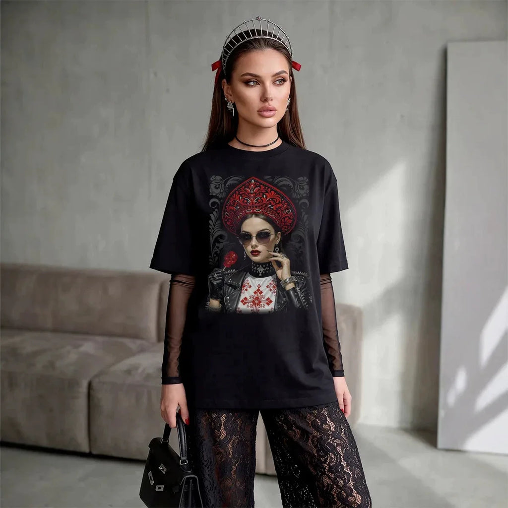 "Russian Girl" Graphic Oversized T-Shirt Modern Folk Art Print Soft Cotton Casual Tee Fashion Streetwear High Quality Summer Top