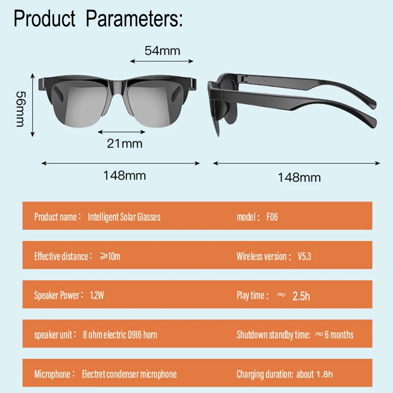 Smart F06 Glasses Wireless Bluetooth Sunglasses Built-in Microphone Speakers Touch Bluetooth 5.3 Glasses Can Listen To Music Cal