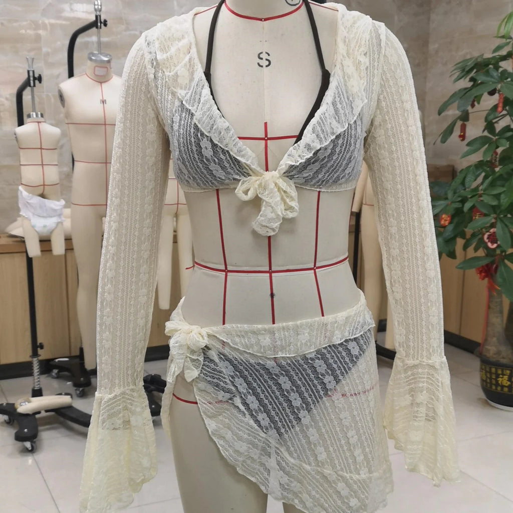 Yiiciovy 4PCS Swim Beach Bikini Set with Mesh Swimsuit Cover Ups Suits Women Sexy Boho Beachwear Long Sleeve Top Bikini Wrap Set