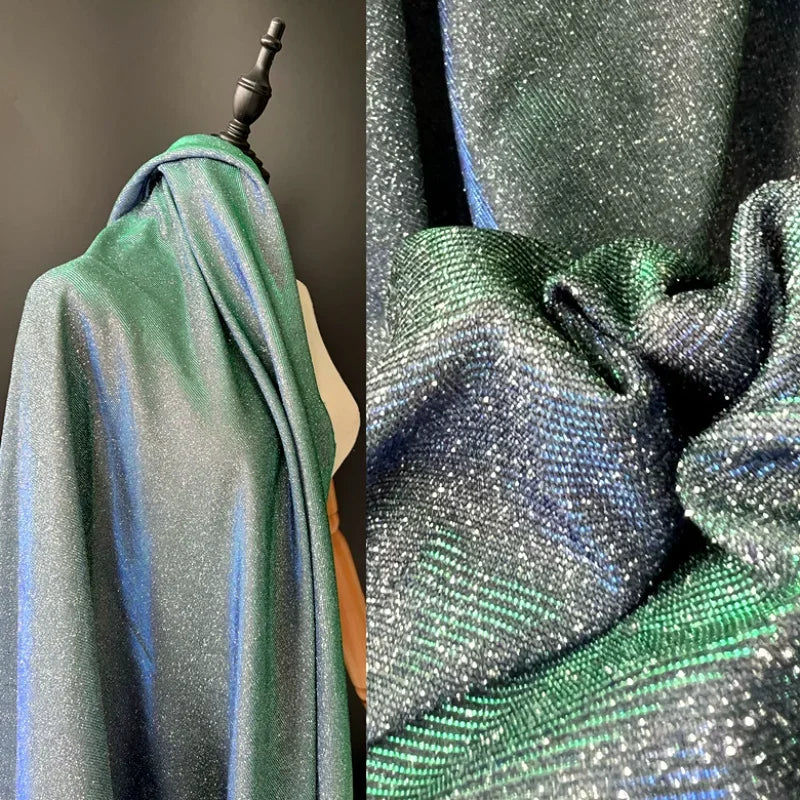 Colorful Blue Gradient Glitter Fabric Elastic Knitting By The Meter for Clothes Performance Dress Diy Sewing Designer Cloth Gold
