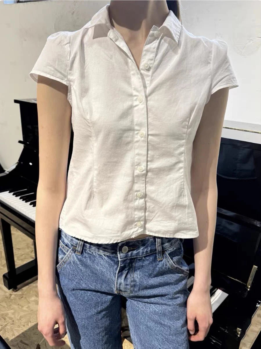 Back Lace-up White Blouse Women Peter Pan Collar Slim Short Sleeve Blouses Summer Casual Simple Sweet Chic Y2k Top Shirts Femme