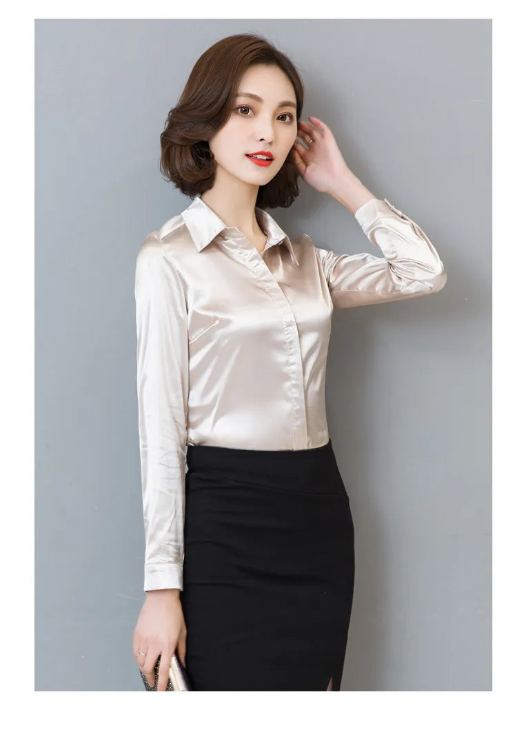 Women silk satin blouse button long sleeve lapel ladies office work elegant female silk blouses shirts