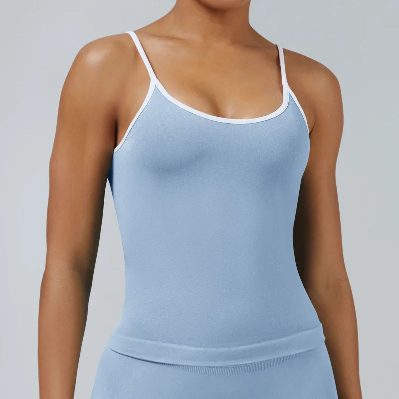 Women Color Blocking Gym Sports Short Tops Summer Yoga Fitness Sexy Backless Knit Camis with Chest Cushion Suspender