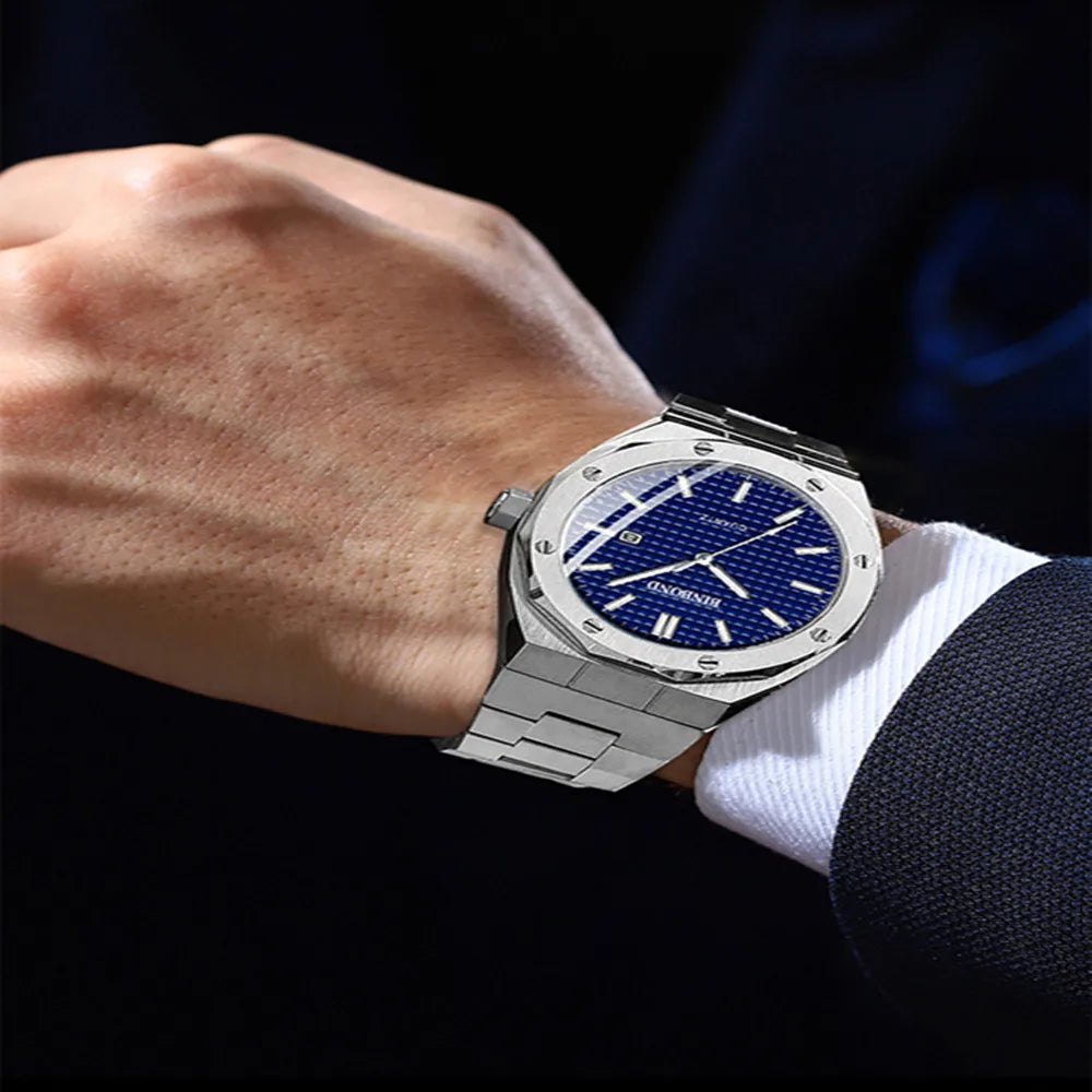 BINBOND 0233 Fashion Men's Watch Alloy Strap with Octagonal Screw Quartz Movement High end Quartz Men's Watch 2025