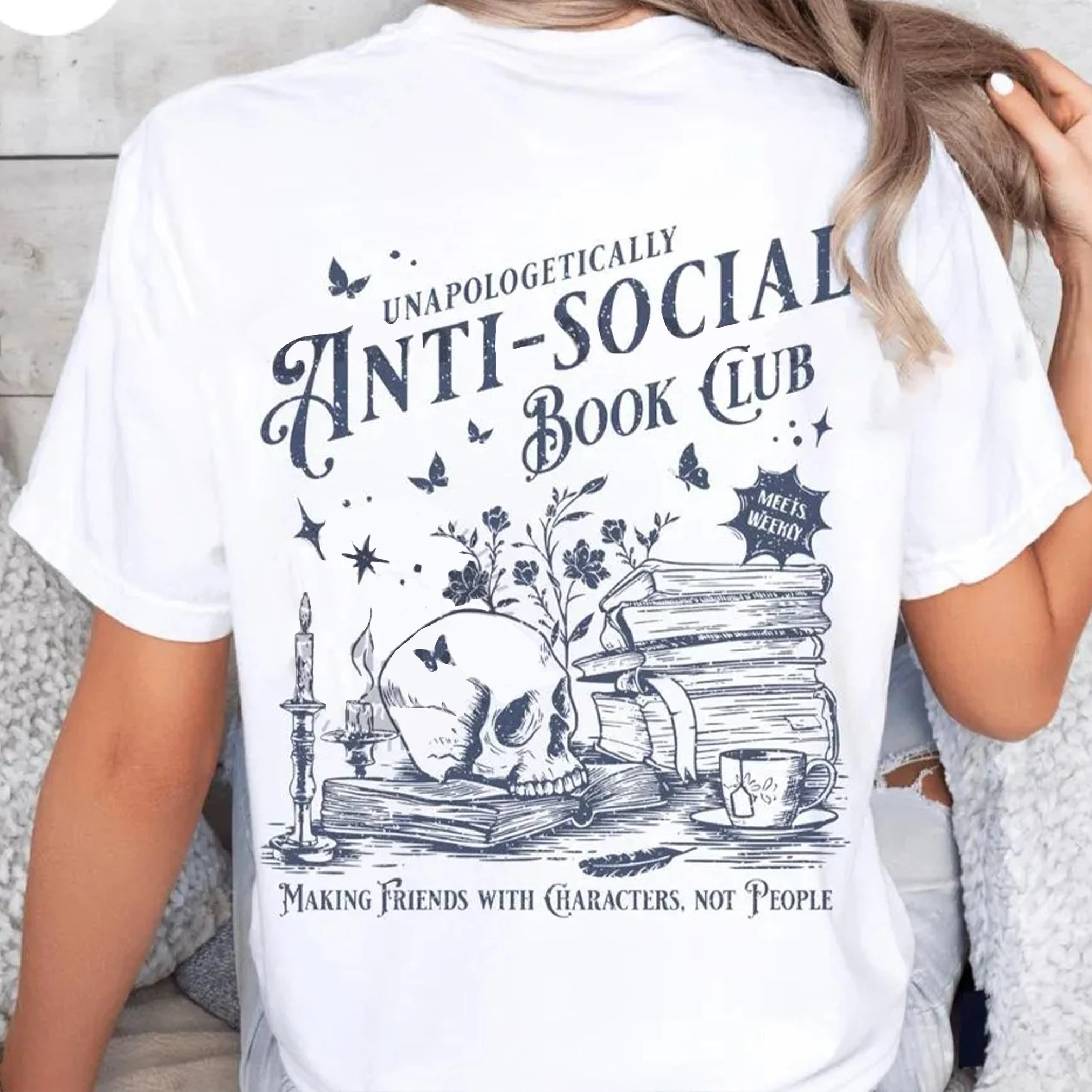 Vintage Anti-social Book Club 2 Sided Comfort T-Shirt for Introverted Romance Reader Distressed Tee Trendy Casual Streetwear