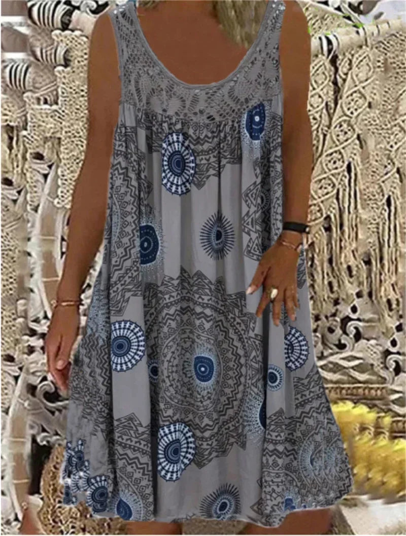 Elegant Lace Splicing O Neck Dresses Women Summer Comfortable Casual Sleeveless Dress Vintage Print Female Loose Midi Gown 2024