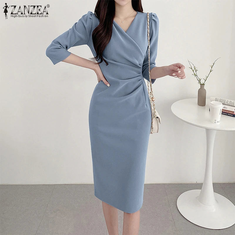 ZANZEA Autumn Women Elegant V Neck Bodycon Dress Ladies Party Club Dresses Fashion Work OL Vestidos 2024 Spring Women's Clothing