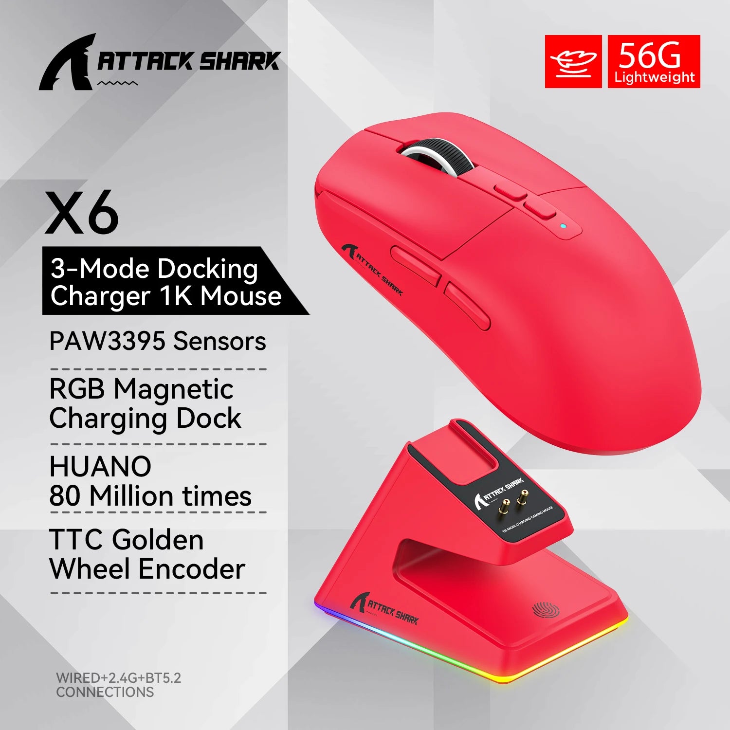 Attack Shark X6 Wireless Gaming Mouse Bluetooth Tri-Mode Connection,RGB Touch Magnetic Charging Base PAW3395 Macro Gaming Mouse