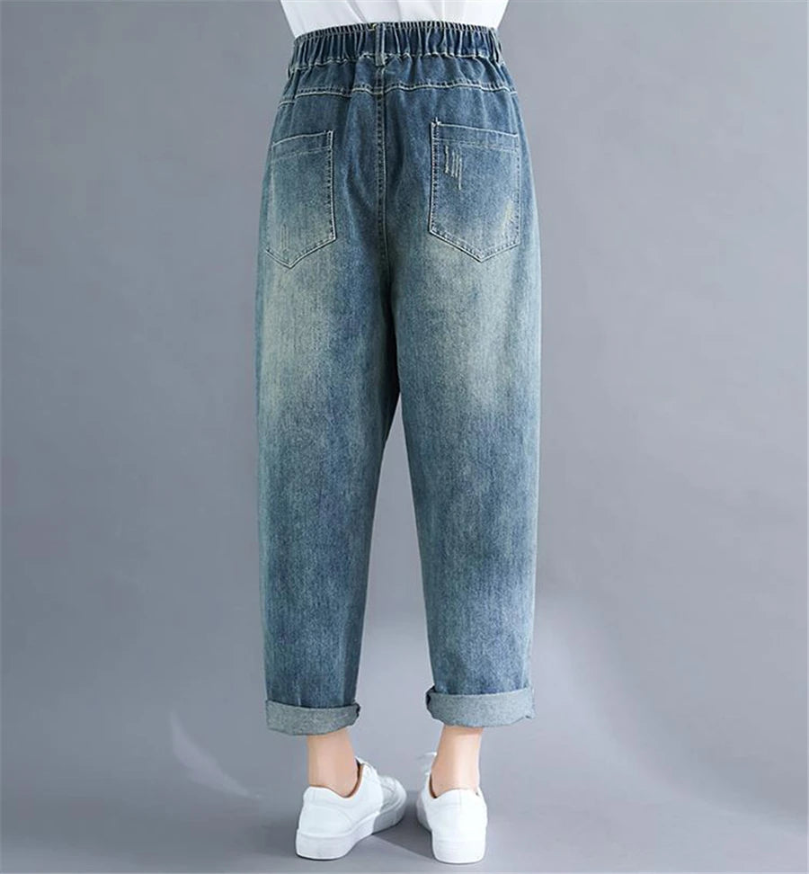Light Blue Baggy Harem Jeans Mom Elegant Casual Elastic Waist 86-90cm Capris Denim Pants Korean Fashion Chic Cowboy Pantalones