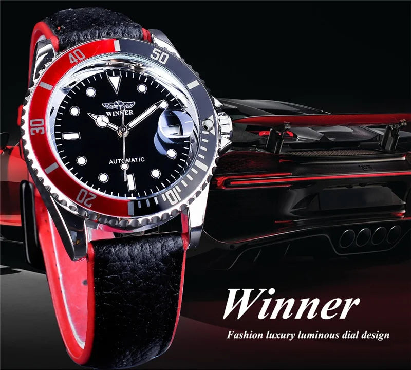 WINNER 002 Fashion Men's Mechanical Watch Luxury Style Calendar Night Light Business Black White Classic Men's Automatic Watch