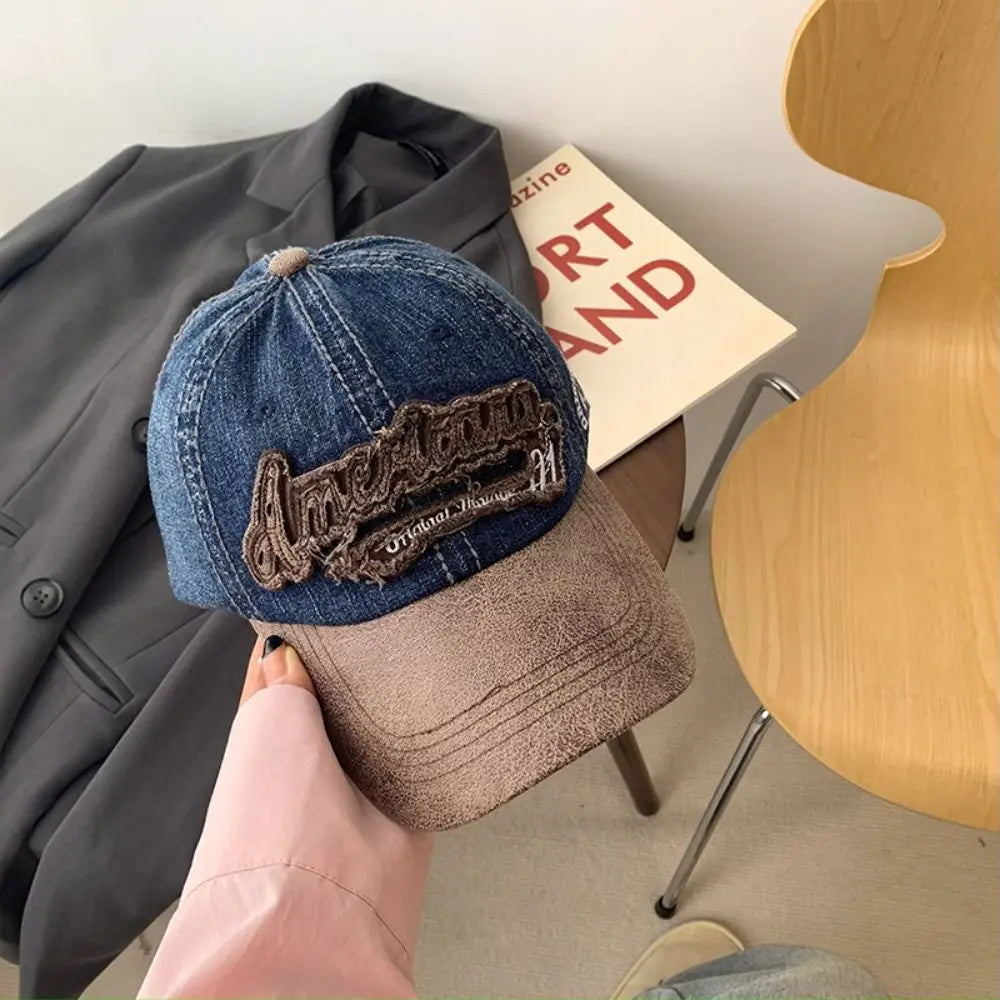 Simple Splicing American Retro Baseball Caps Denim Baseball Hat Tattered Jeans Sun Hat Cotton Sunscreen Peaked Cap Outdoor