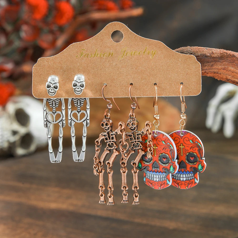 Halloween Dangle Earrings Set Creepy skull Face Mask Cobweb Imitation of Human Skeleton Creative Ear Jewelry Versatile Gifts