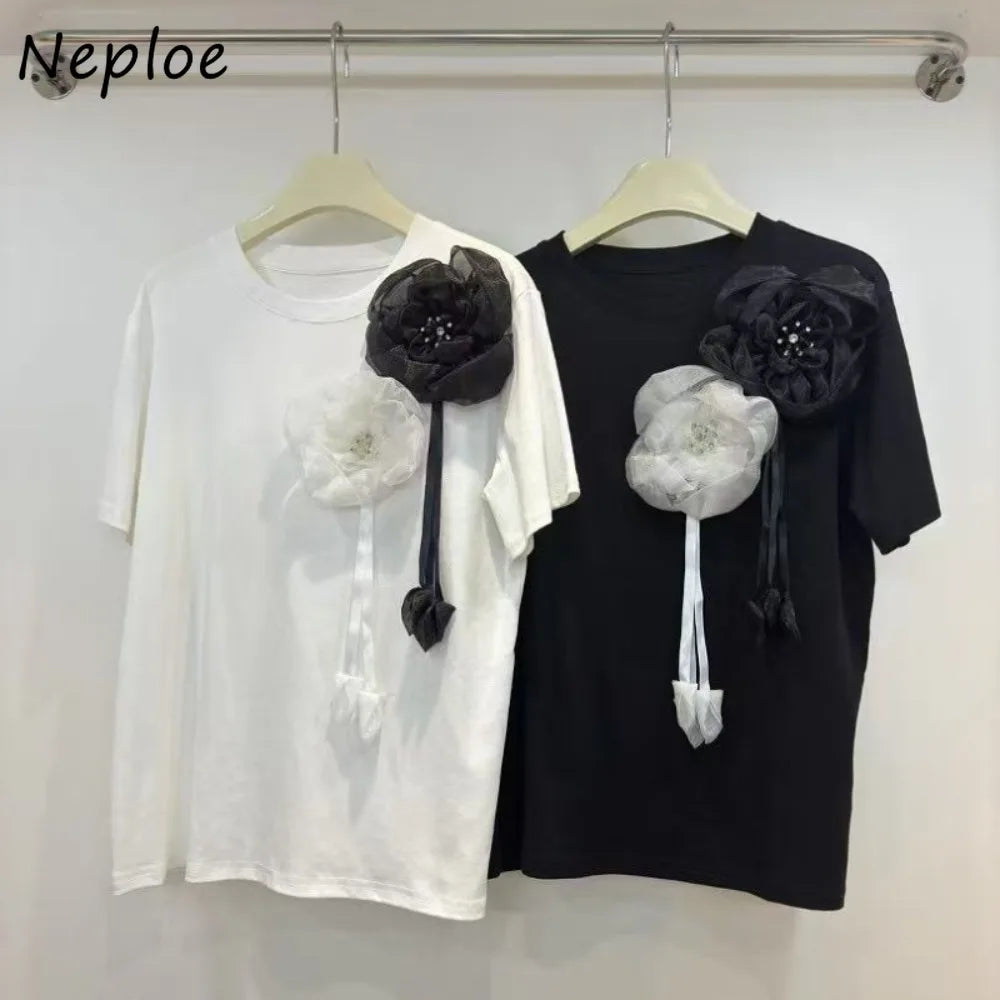 Neploe Advanced Fresh Loose Literary Shirt Women All-match Soft Simple Commuter Blouses 3D Flower Korea Chic Literary New Blusas
