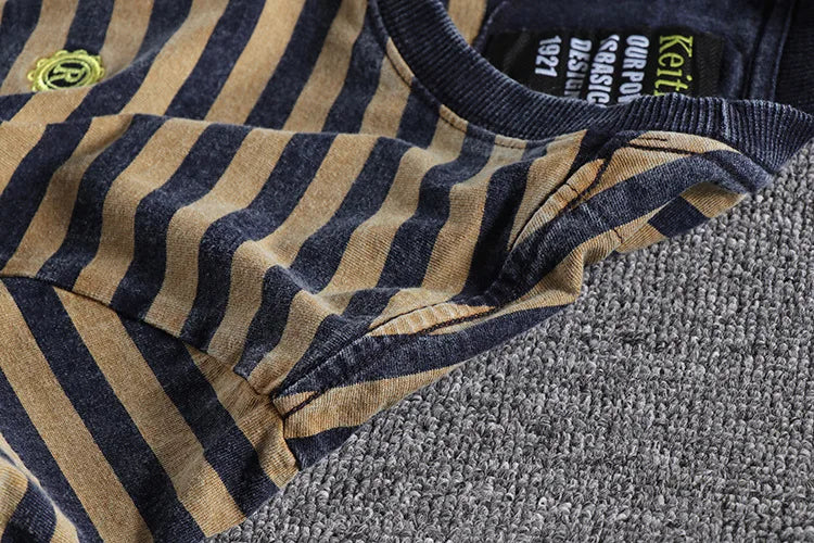 Retro and Aged Casual Short-sleeved T-shirt, High-quality Men's Striped Cotton T-shirt, Sweat-absorbing & Breathable Sports Top