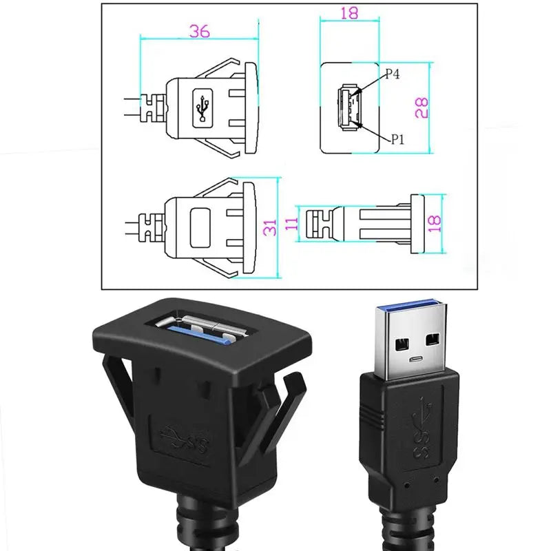 Car Dashboard Extension Cable USB Panel Waterproof Cable Usb3.0 Extension Lead For Car 1m