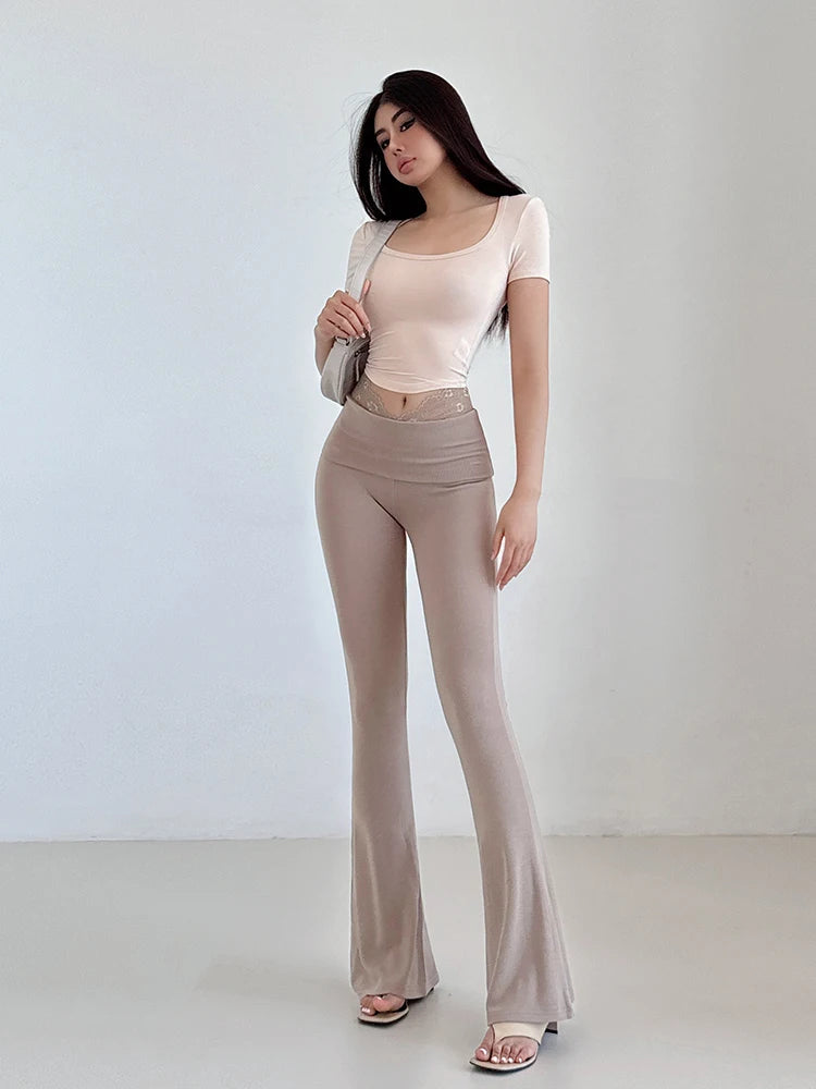 Pure Desire Lace Patchwork V-waist Slim Micro Flared Pants High Waist Slim Thin Long Pants For Summer Women Sweet Women ZRC7