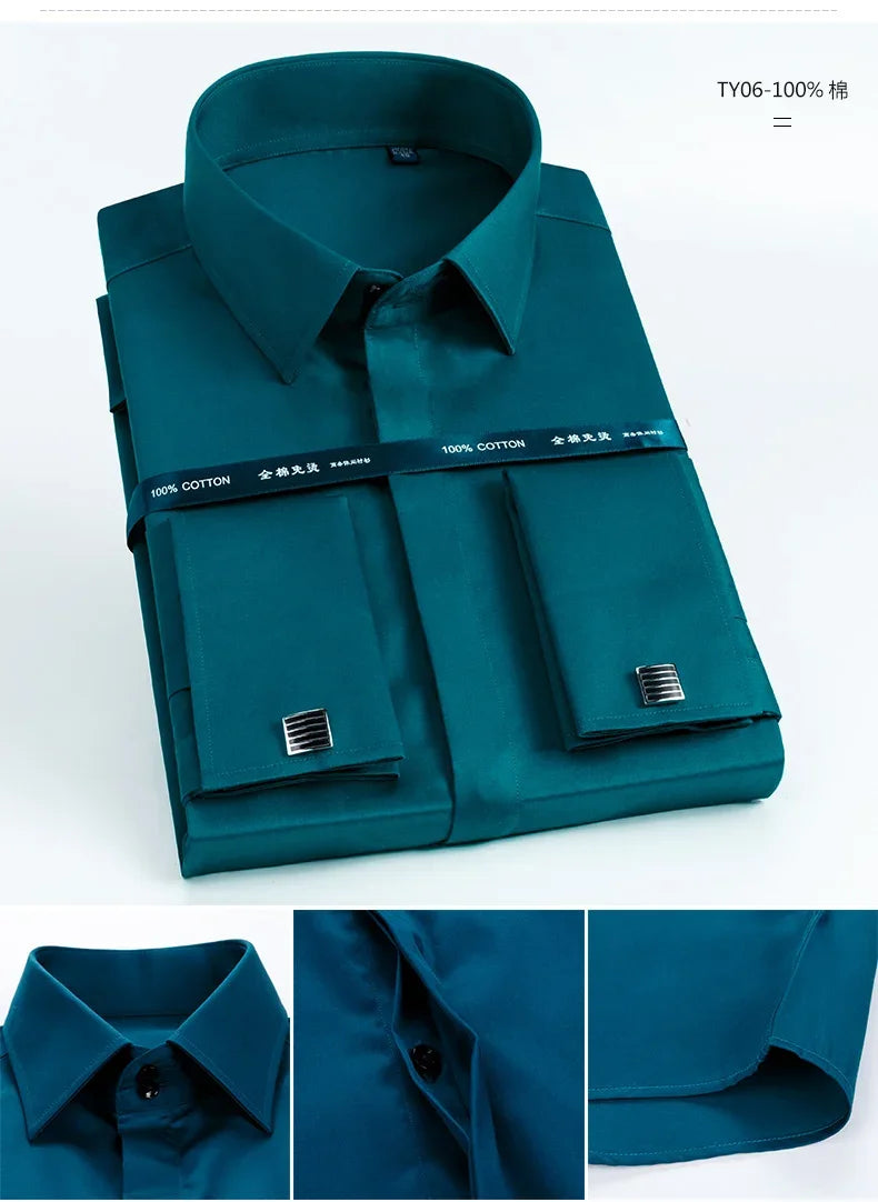 2026 Iron Free French Cufflink Long Sleeves Slim Fit 100% Cotton  Men's Concealed Buttons Solid Color High-end Wedding Dress
