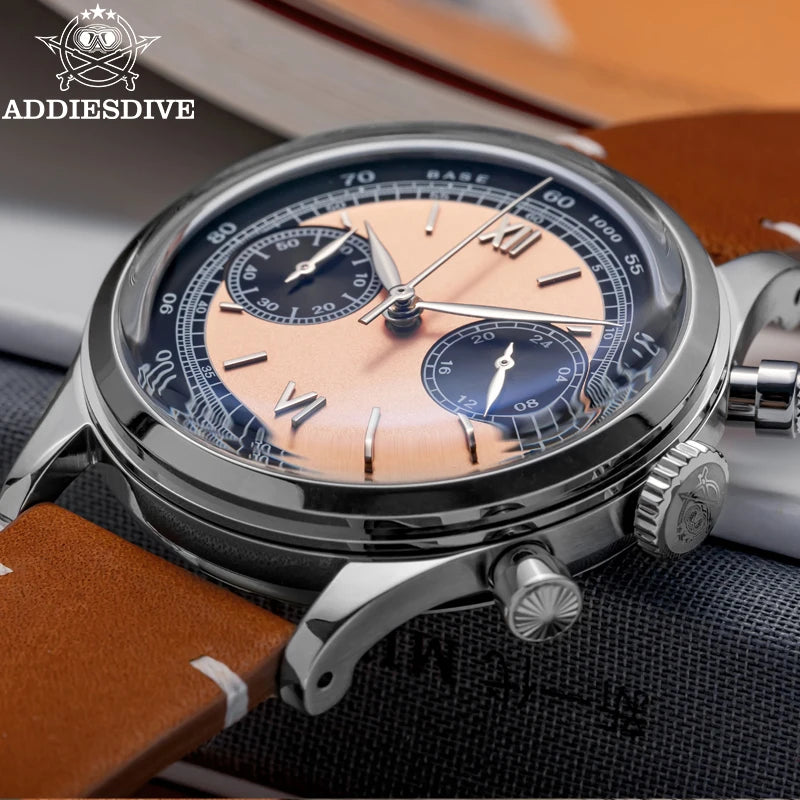ADDIESDIVE Men watches Quartz Wristwatch Sport waterproof 100m Chronograph AR Coating VK64 Movement Retro Leather Watch New