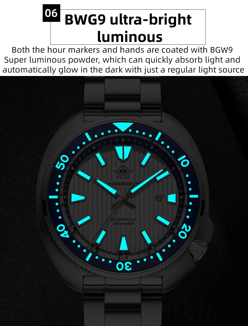 ADDIESDIVE Watch For Man AD2507 Sapphire Crystals Window Display BGW9 Luminous 200M waterproof 316L Stainless Steel Quartz Watch