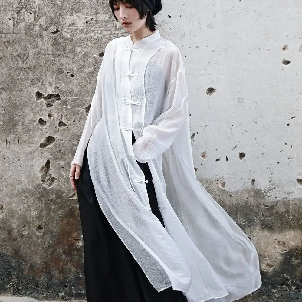 Chinese Style Vintage Blouse for Women Stand Neck Long Sleeve Shirts Split See Throught Casual Blusas De Mujer Oversized Tops
