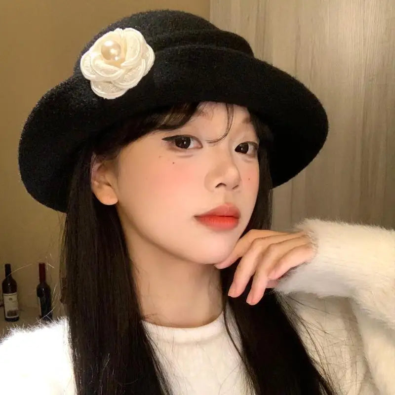 Elegant Autumn/Winter Retro-Styled Ruffled Camellia Heiress Hat for Women, French-style Fishermen's Top Hat.