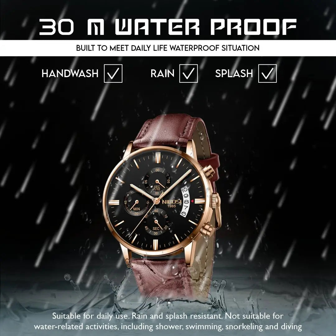NIBOSI Watches Men Sport Quartz Watches Waterproof Chronograph Wrist Watch Gift Three-Eye 6-Pin Solid Leather Belt Watch Relogio