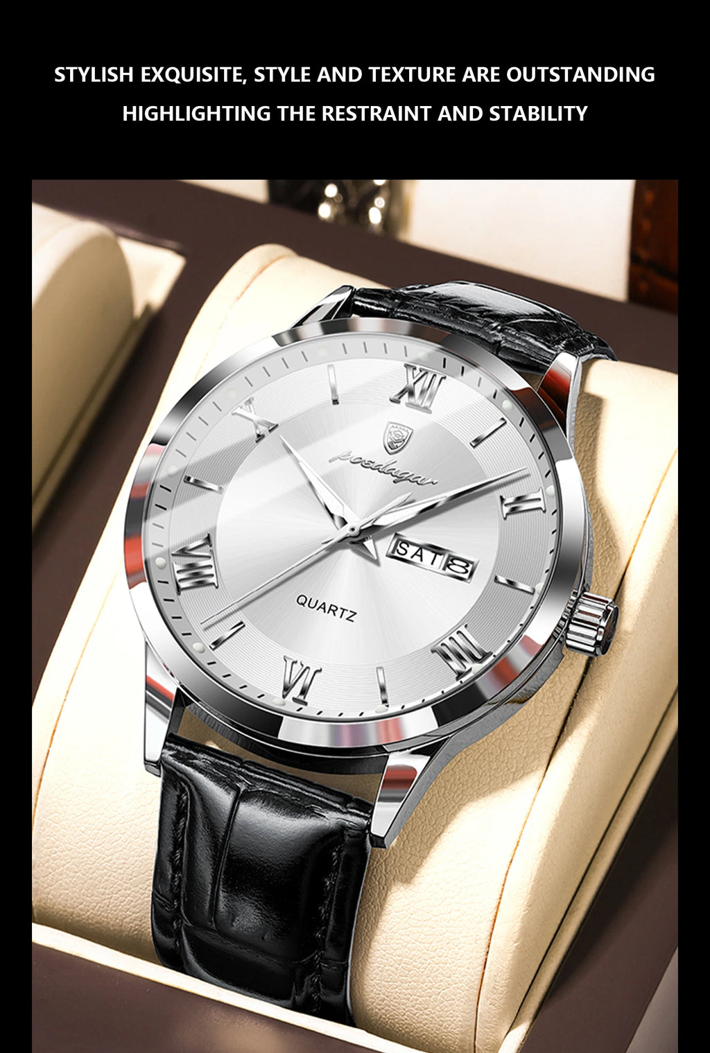 POEDAGAR Classic Luxury Men's Wristwatch Date Week Leather Business Man Watch Waterproof Luminous Fashion Quartz Watches For Men