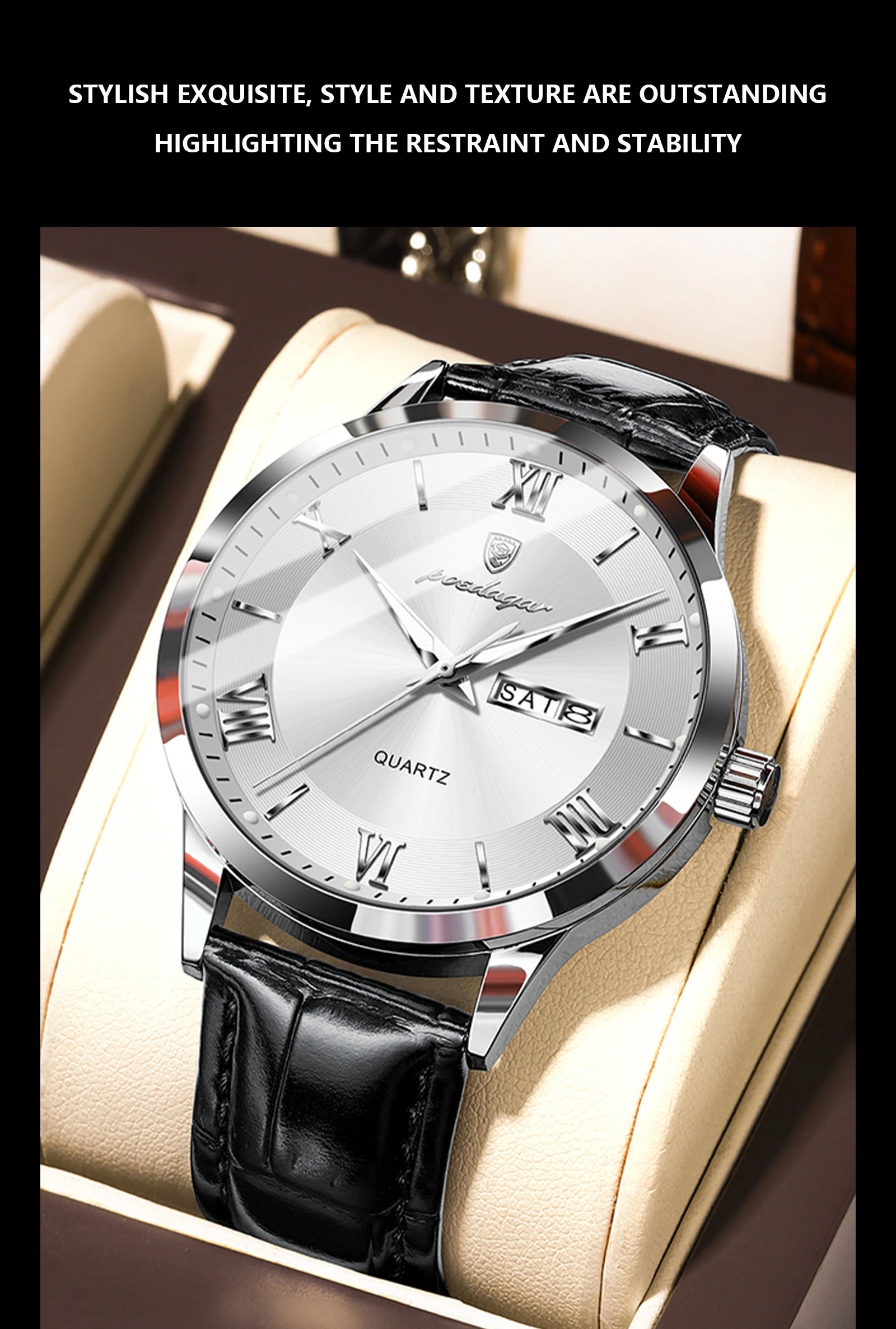 POEDAGAR Classic Luxury Men's Wristwatch Date Week Leather Business Man Watch Waterproof Luminous Fashion Quartz Watches For Men