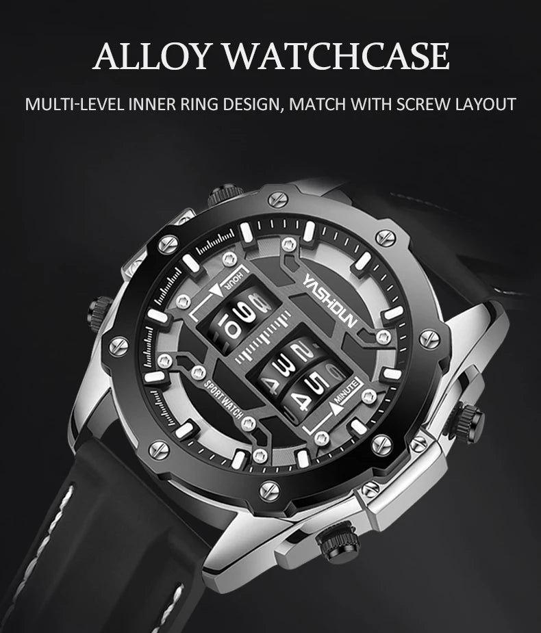 Men Quartz Watch Roller Digital Dial Design Silicone Strap Versatile Wristwatch Clock Waterproof Military Sports Clock