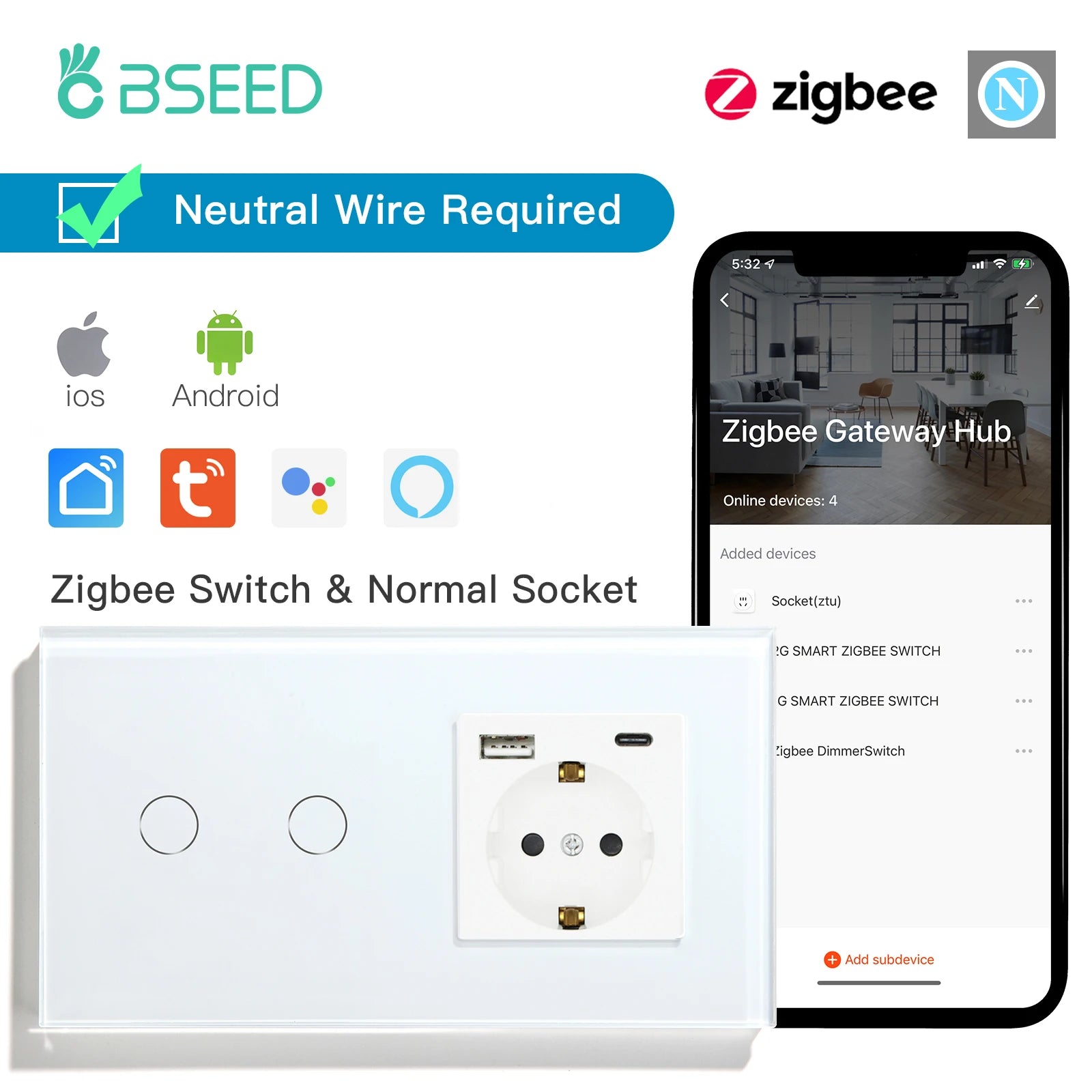 Bseed EU Zigbee Touch Switch 1/2/3Gang 2Way Smart Light Switch Wall Socket USB Type-C Charge Port Tuya Google Home Alexa Control