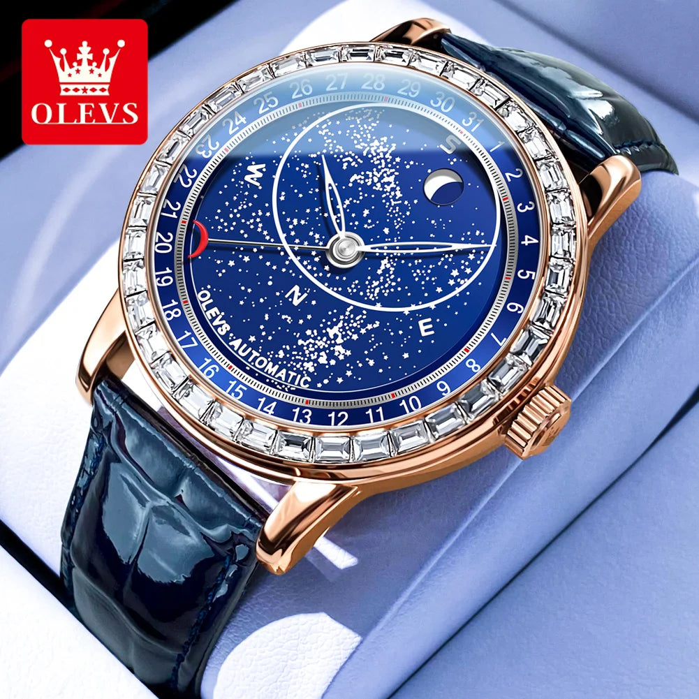 OLEVS 9923 Mens Watch Luxury Original Automatic Mechanical Watch Leather Strap Waterproof Luminous Starry Dial Watch For Men