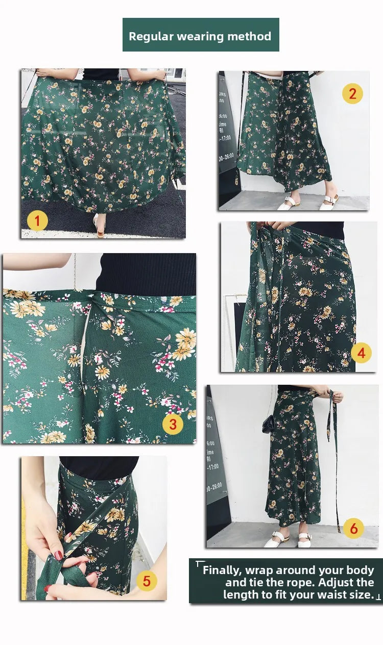 Vacation Style Wrap Skirt Beachside Long Skirt Women's High Waist A-Line Midi Skirt Floral Print One-Piece Summer Spring