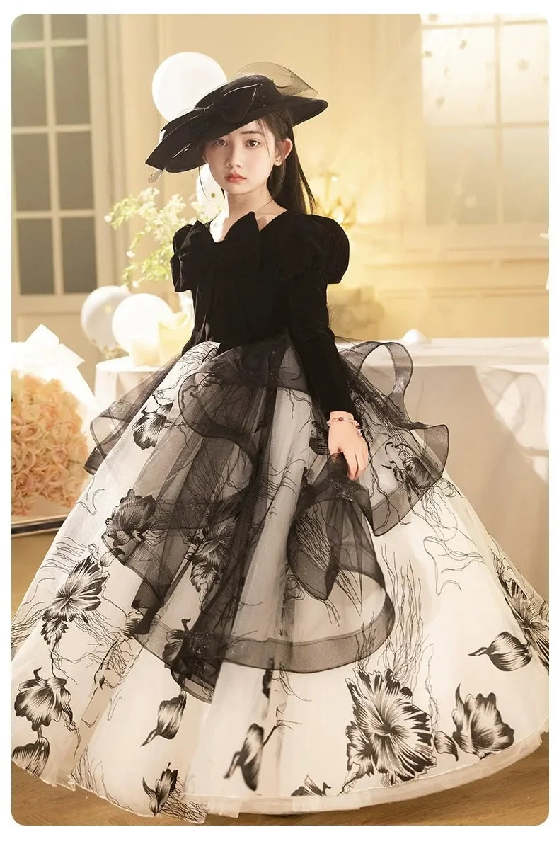 Girls' Spring Dress 3-14y Sweet Girls Floral Puff Long Sleeve PrincessCostumes Vestidos Dresses Kid's Clothes Children's Mes