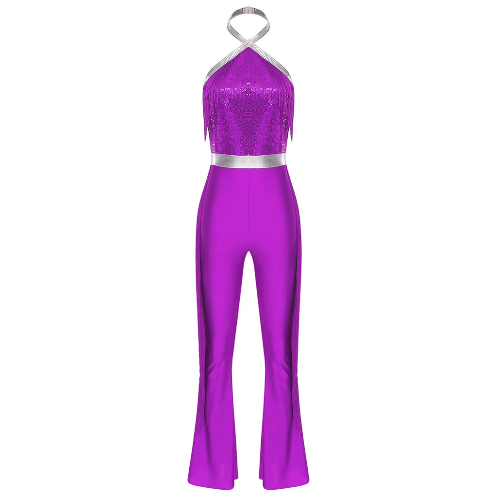 Womens 70s Disco Party Jumpsuit Halter Shiny Sequins Tassel Flared Pants Latin Jazz Dance Rompers Rave Festival Prom Clubwear