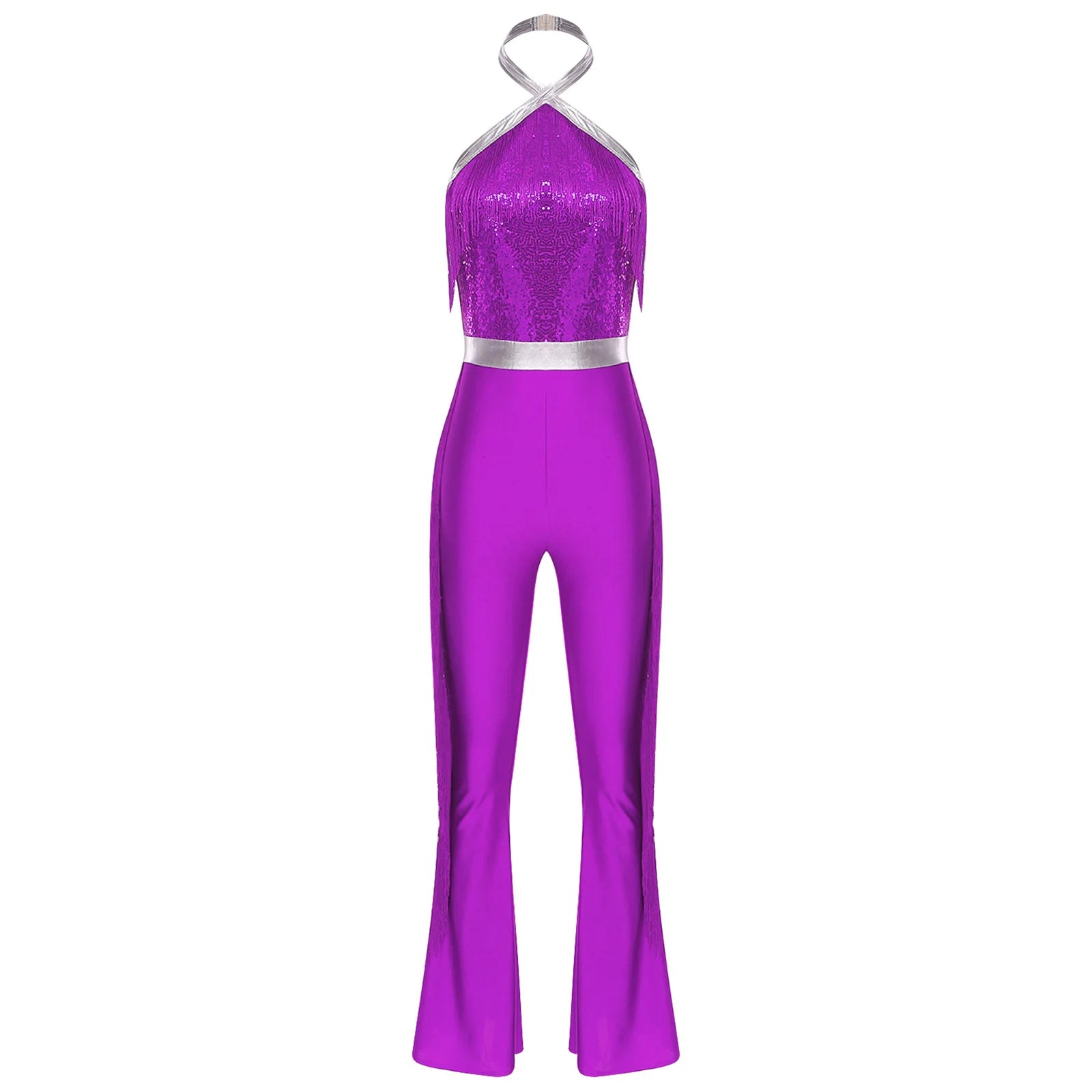 Womens 70s Disco Party Jumpsuit Halter Shiny Sequins Tassel Flared Pants Latin Jazz Dance Rompers Rave Festival Prom Clubwear