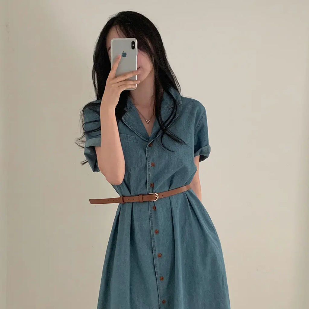 Slimming Chic Retro Chic Long Dr with Belt High Waist A-Line Skirt ort Sve Korean Sle Commute Dr Denim Dr