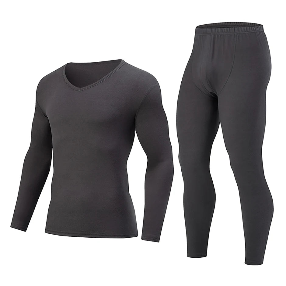 2-piece Men's Autumn And Winter Solid Color Casual V-neck Basic Warm Underwear Set Comfortable Sports And Fitness Base Shirt