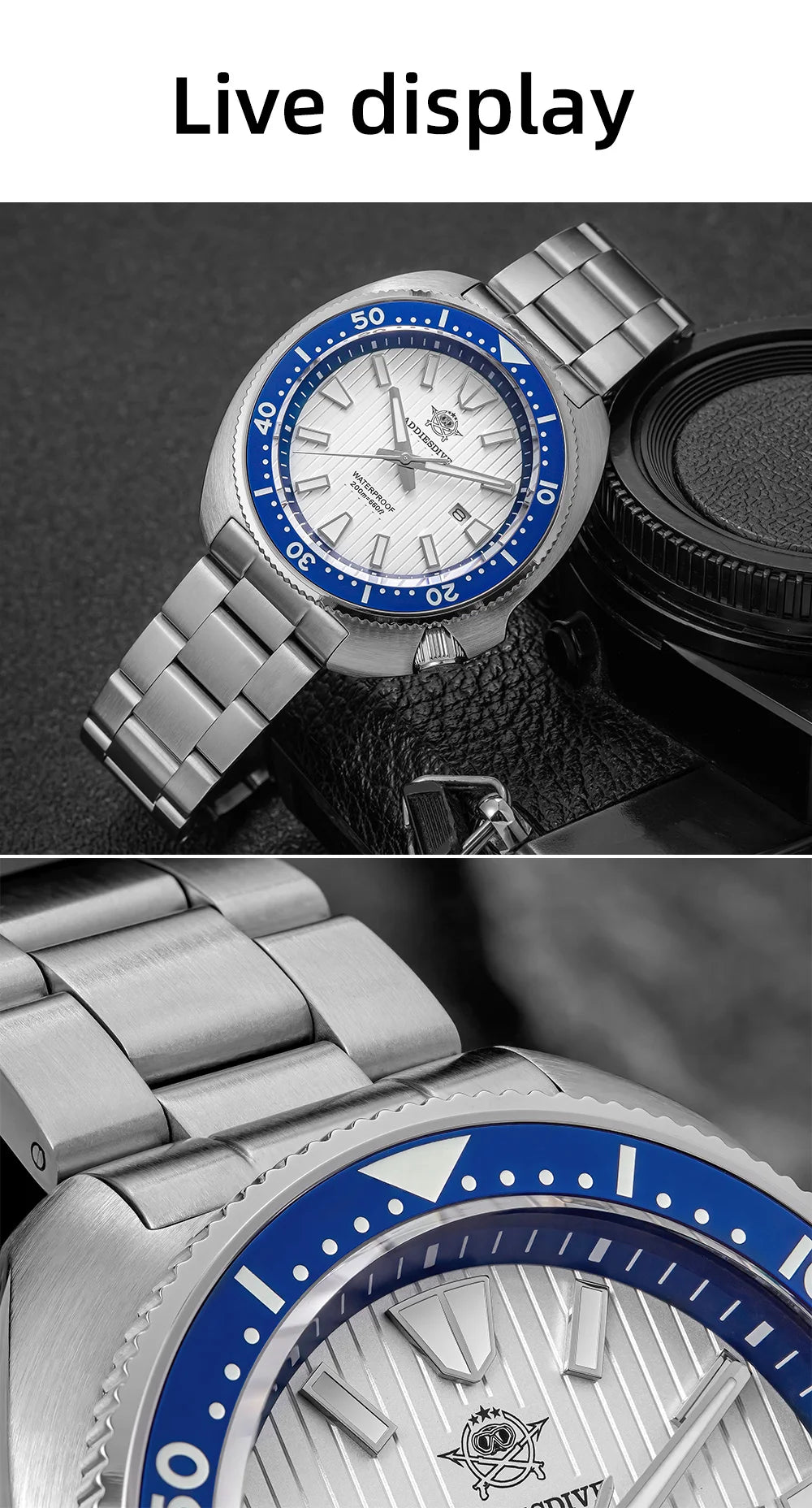 ADDIESDIVE Watch For Man AD2507 Sapphire Crystals Window Display BGW9 Luminous 200M waterproof 316L Stainless Steel Quartz Watch