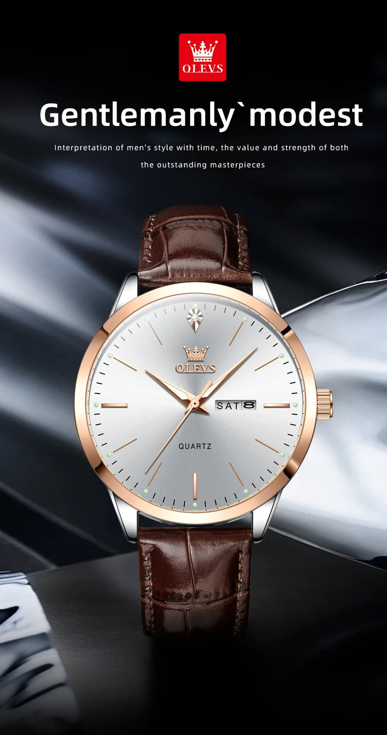 OLEVS 2935 Original Business Men Watch Leather Strap Trend Week Calendar Quartz Watch Luminous Waterproof 43mm Dial wristwatch