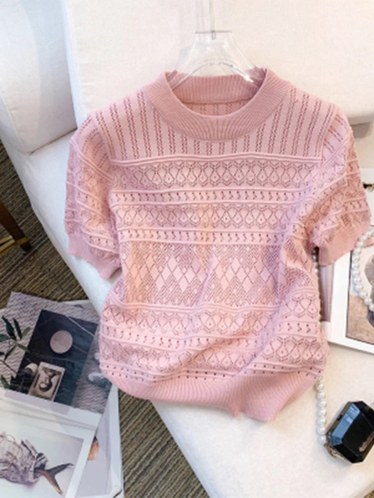 2026 New  Summer Thin Hollow Out Crew Neck Pullover Sweater Versatile Short Sleeve Knitted Top For Spring & Women's Clothing