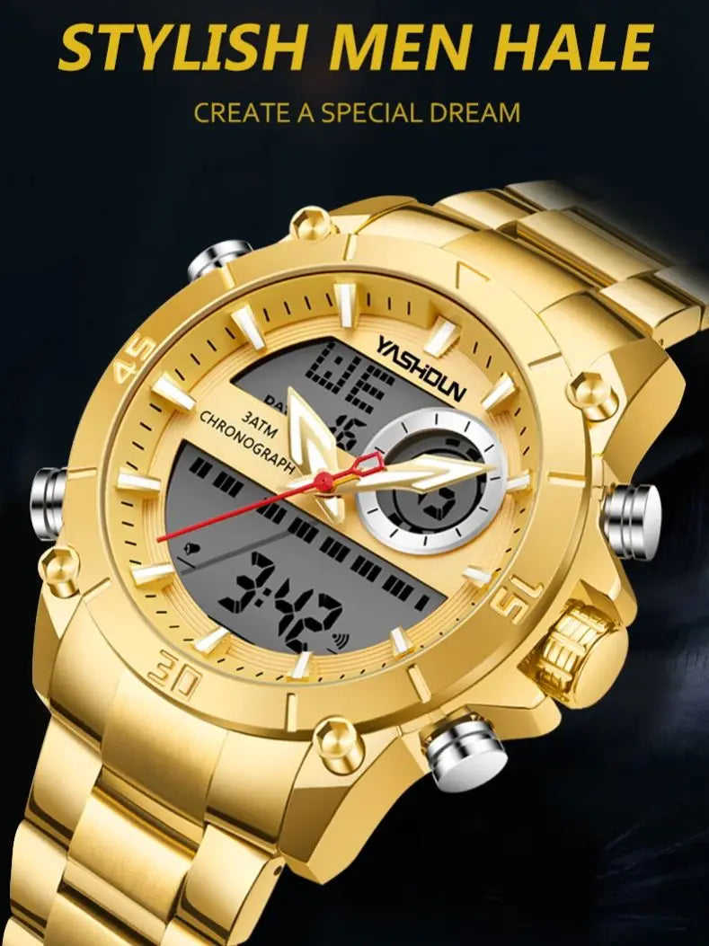 Multi-functional sports men's watch with dual movement electronic steel band luminous waterproof quartz wristwatch
