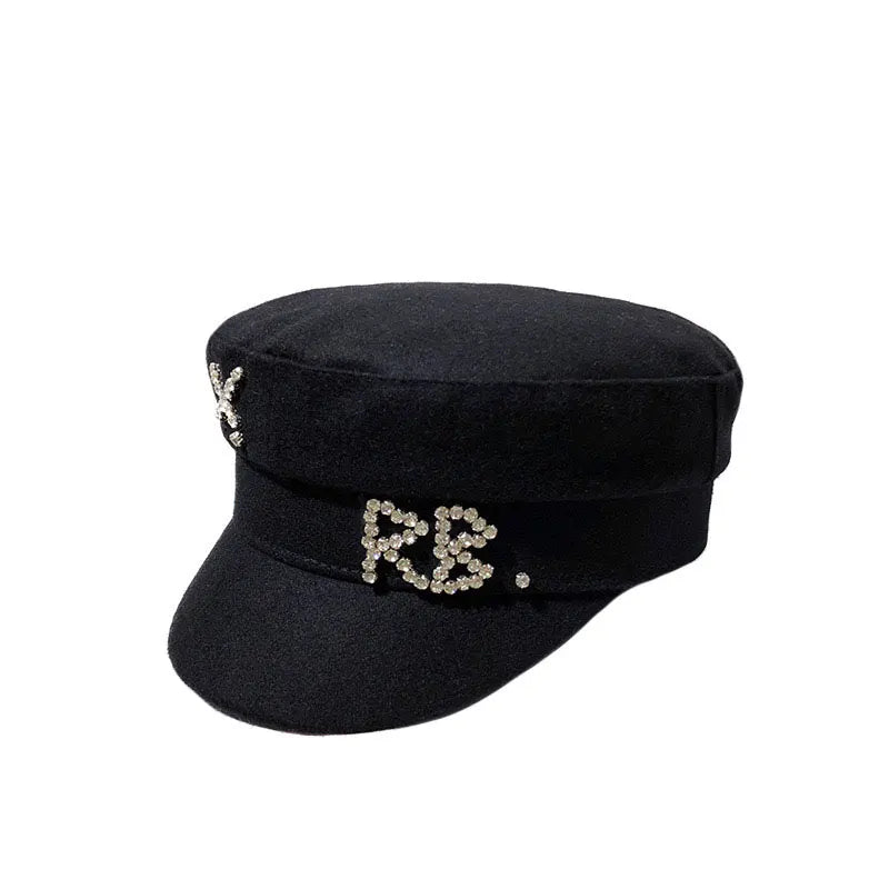 Designer Brand Wool Newsboy caps Women Diamond Letter Flat Top Cap Solid Color Militray Hat Fashion Streetwear Navy Hat