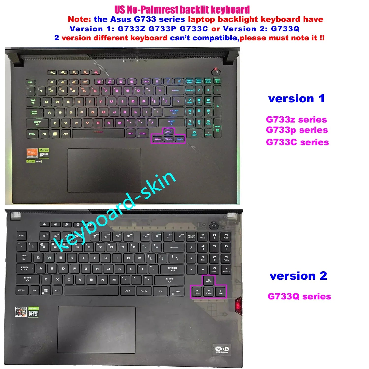 New US Backlit No-Palmrest Keyboard For ASUS ROG G17 G733Q G733QS G733QR G733QSA G733Z G733ZW G733ZX G733P G733PZ G733C G733CX