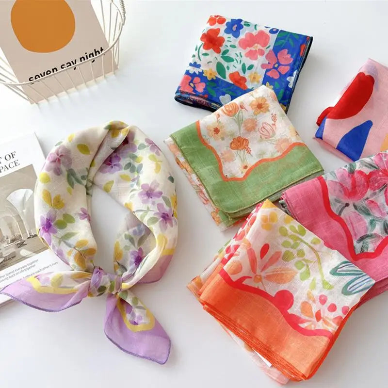 Sunscreen Head Scarf Cotton Linen Square Scarf Women Floral Peach Neck Scarf Fashion Decorative Neckerchief Hairband 58*58cm